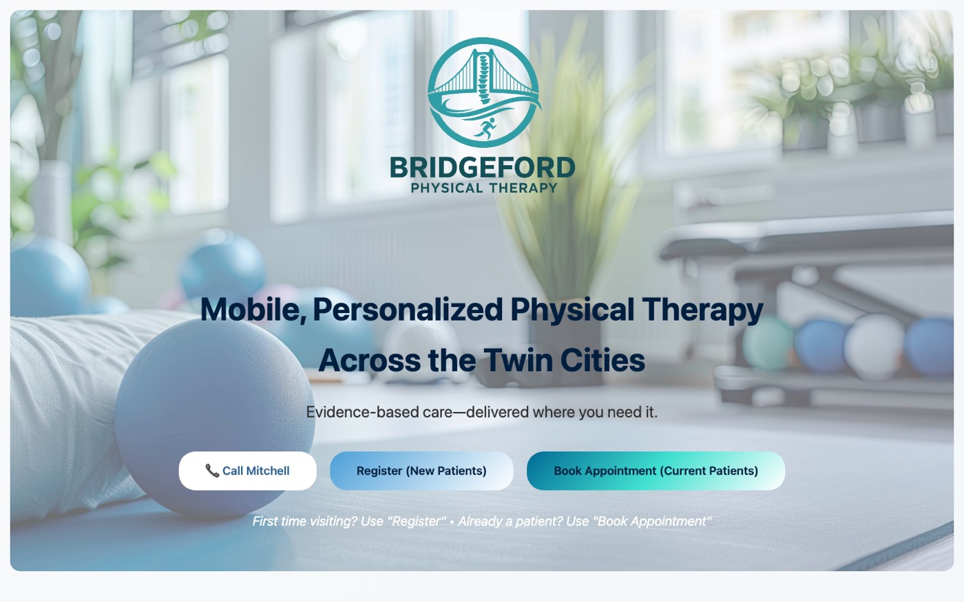 Bridgeford Physical Therapy homepage with booking buttons